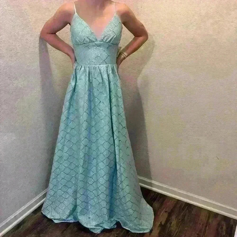 CRYSTAL DOLLS Womens Light Blue Spaghetti Strap Formal Gown Dress Juniors 9